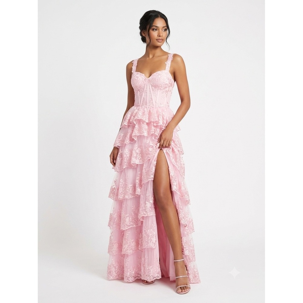 Formal Dress Ball Gown Size 0 Pink Tiered Lace Corsetโ Back Prom Sequin Princess